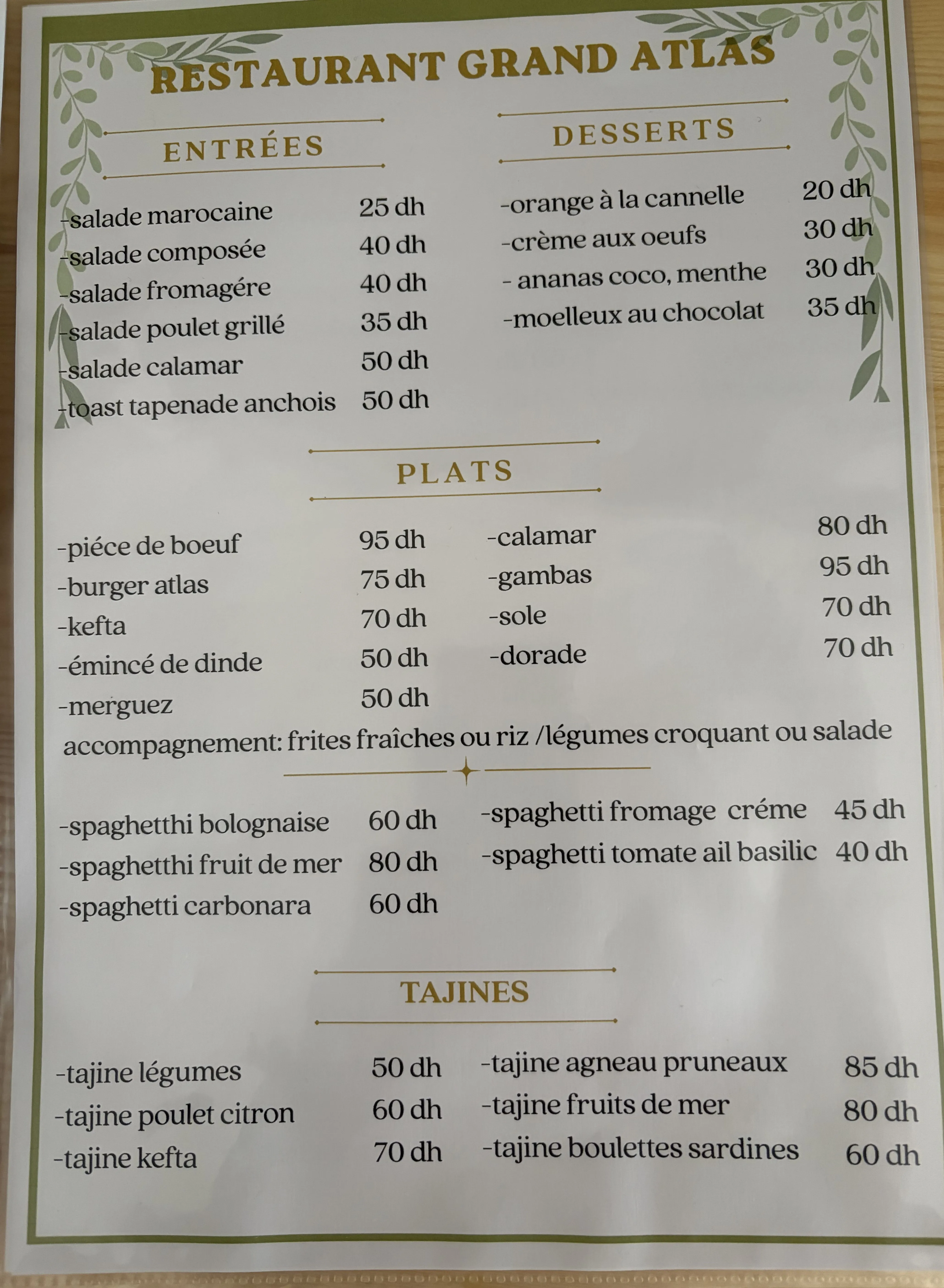 Le Grand Atlas restaurant menu